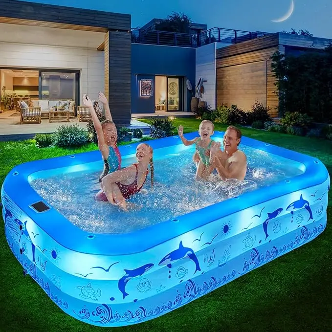 Upgrade Inflatable Pool with LED Lights for Kids & Adults Large Family Blow Up Swimming Pool Solar Powered Oversized Kiddie Pool Thickened Durable Backyard Outdoor Pool 100 x 63 x 20 Inch, Blue