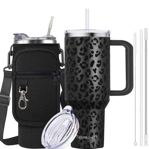 Lightweight Portable 40oz (2000ml+) Stainless Steel Thermal Mug - Leak-Resistant Tumbler, Silicone Replaceable Straw, Durable Handle, Secure Pouch with Roomy Phone Pocket, Tapered Base, Car Holder Fit for Family Outdoor Use