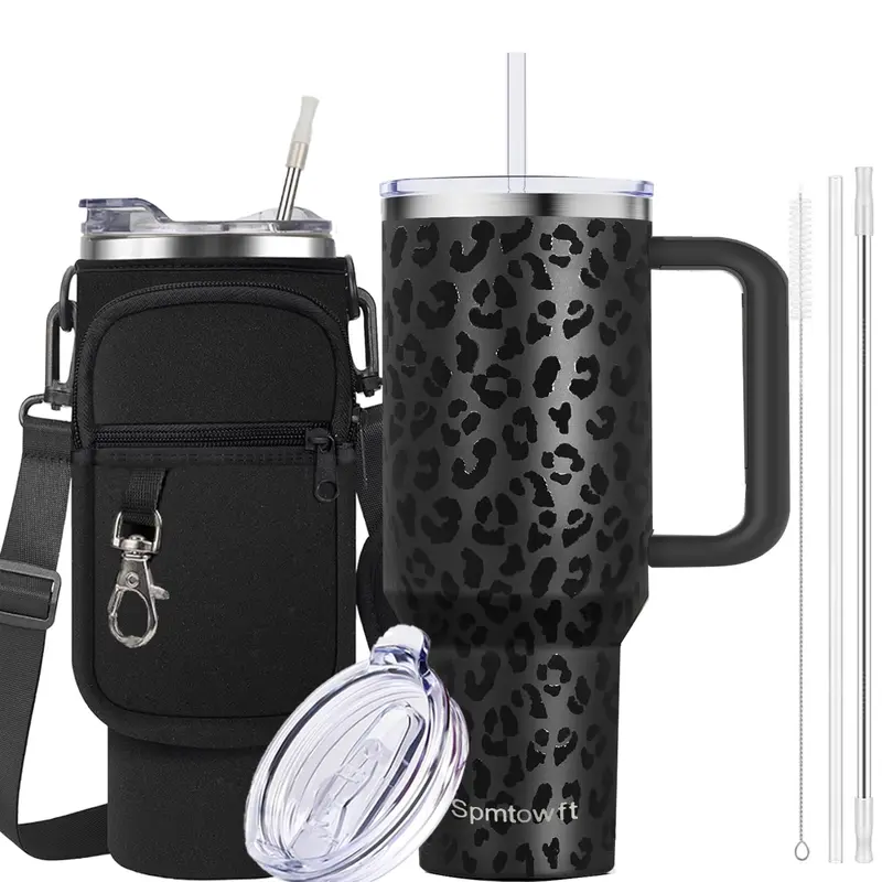 Lightweight Portable 40oz (2000ml+) Stainless Steel Thermal Mug - Leak-Resistant Tumbler, Silicone Replaceable Straw, Durable Handle, Secure Pouch with Roomy Phone Pocket, Tapered Base, Car Holder Fit for Family Outdoor Use