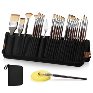 26pcs Paint Brush Set, Travel Watercolor Acrylic Paint Brushes with Flat, Filbert, Fan, Dagger, Cat Tongue, Round, Palette Knife, Professional Paintbrush Kit for Artist, Oil, Face Painting