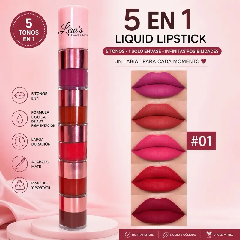 1584- 5-in-1 Liquid Lipstick with Gloss Finish, Long-Lasting Beauty Makeup for Women