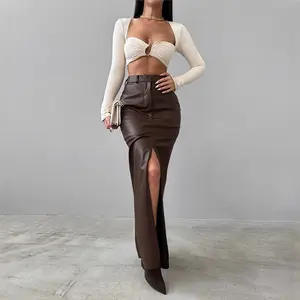 Womens Leather Skirt Slim High Waist Split Maxi PU Skirts