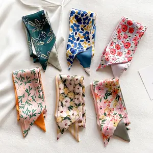Pointed Floral Double-Sided Printed Narrow Long Silk Scarf Ribbon for Women Elegant Floral Design Hairband 88x6.5cm