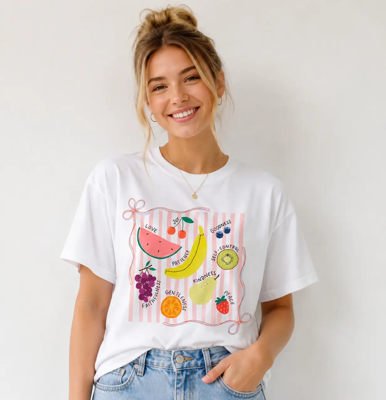 Fruit of the Spirit Graphic T-Shirt for Women, Christian Inspirational Oversized Fit Tee, Aesthetic Short-Sleeve Streetwear for Everyday Wear, Shortsleeve, Tshirt, Casual, All Seasons, Machine Washable, Round Neck, Christian Insp., Graphic Print