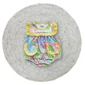 Little Baby Girls Yellow Flowers Pockets Summer Cute Sleeveless Ruffle Soft Stretchy Bubble Rompers