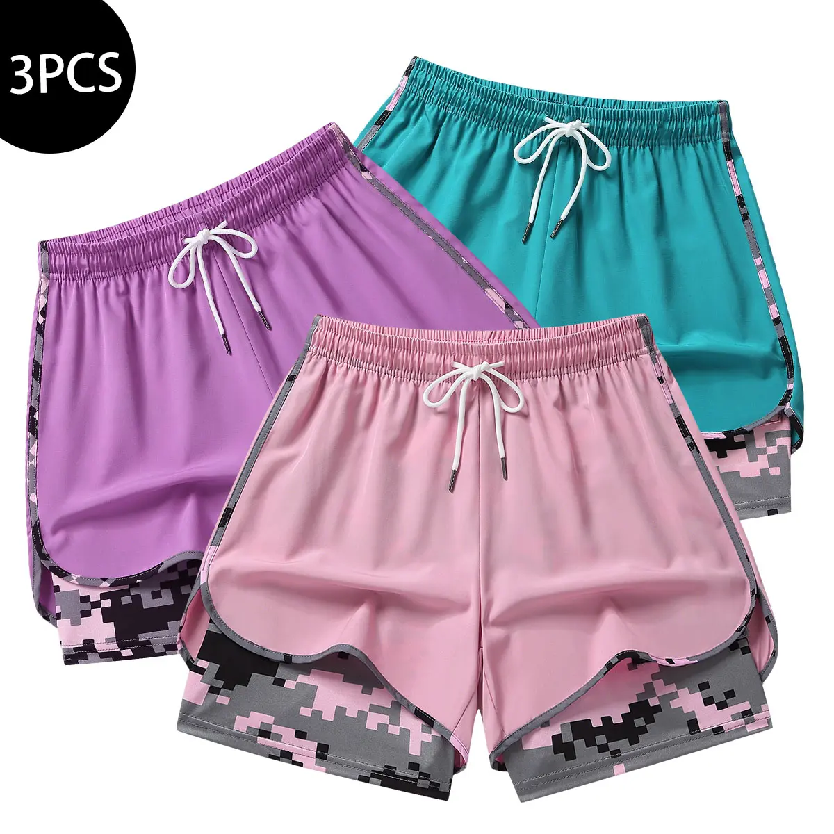 3PCS women’s casual athletic shorts, built-in lining, drawstring design, elastic waistband — suitable for outdoor sports, fitness, running, and everyday wear; women’s shorts, athletic shorts, women’s clothing