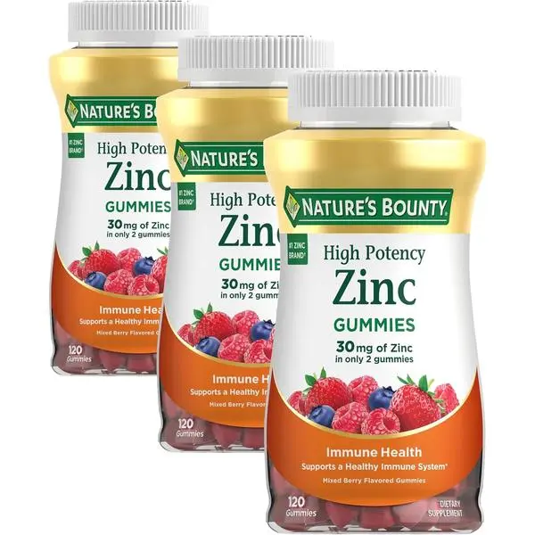 Nature’s Bounty Zinc Gummies, Immune Support Gummies, Supports Skin & Antioxidant Health, Mixed Berry, 30mg, 120 Count (Pack of 3)
