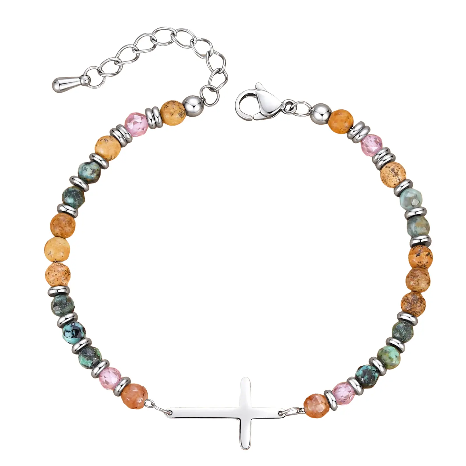 OIDEA Women's Adjustable Link Bracelet, Stainless Steel Charm Jewelry with Colorful Stone Cross Beads, Inspirational Baptism Gift for Sisters in Christ, Cross Beads Bracelet, Inspirational Jewelry, Charm Bracelets
