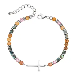 Cross Inspirational Bracelet for Sister in Christ – Women Link Charm Stainless Steel Christ Natural Stone Beaded Bracelets Christian Birthday Baptism Gift