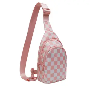TikTok Viral Pink Checkerboard Sling Bag for Women Water-Resistant Nylon Crossbody Chest Pack Lightweight Fanny Pack for Travel Workout Adjustable Strap Compact Spacious Design