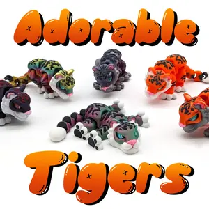 Adorable Tigers - Articulated Multicolor 3D Print, Unique Gift, One of a Kind, Rare Find, Fun Desk Fidget, Cute Orange & Black Striped Tiger, Cute Striped Cat, Paws, Joints, Keychain Option, 3d Printed Multiple Mini Items, 5" Long, Versatile 3D Design