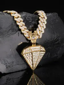 Street Stylish Men's Large Diamond-Shaped Pendant Necklace, Iced Out Jewelry, Punk Style Sparkling Bling Cubic Zirconia, Unisex Daily Wear Jewelry