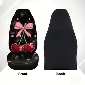 Two-piece cherry design, pink bow on a black background for the front seat cover. Perfect for individual front car seats. It is a practical gift suggestion for vehicle operators and owners.