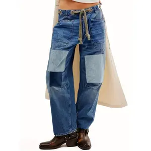 Women's Vintage Barrel Horseshoe Jeans - Wide Leg Low-Rise Pants with Patchwork Detailing, Multiple Pockets & Adjustable Drawstring Waist, Machine Washable Casual Pants All Seasons Womenswear Bottom Spandex Trouser Streetwear Blue