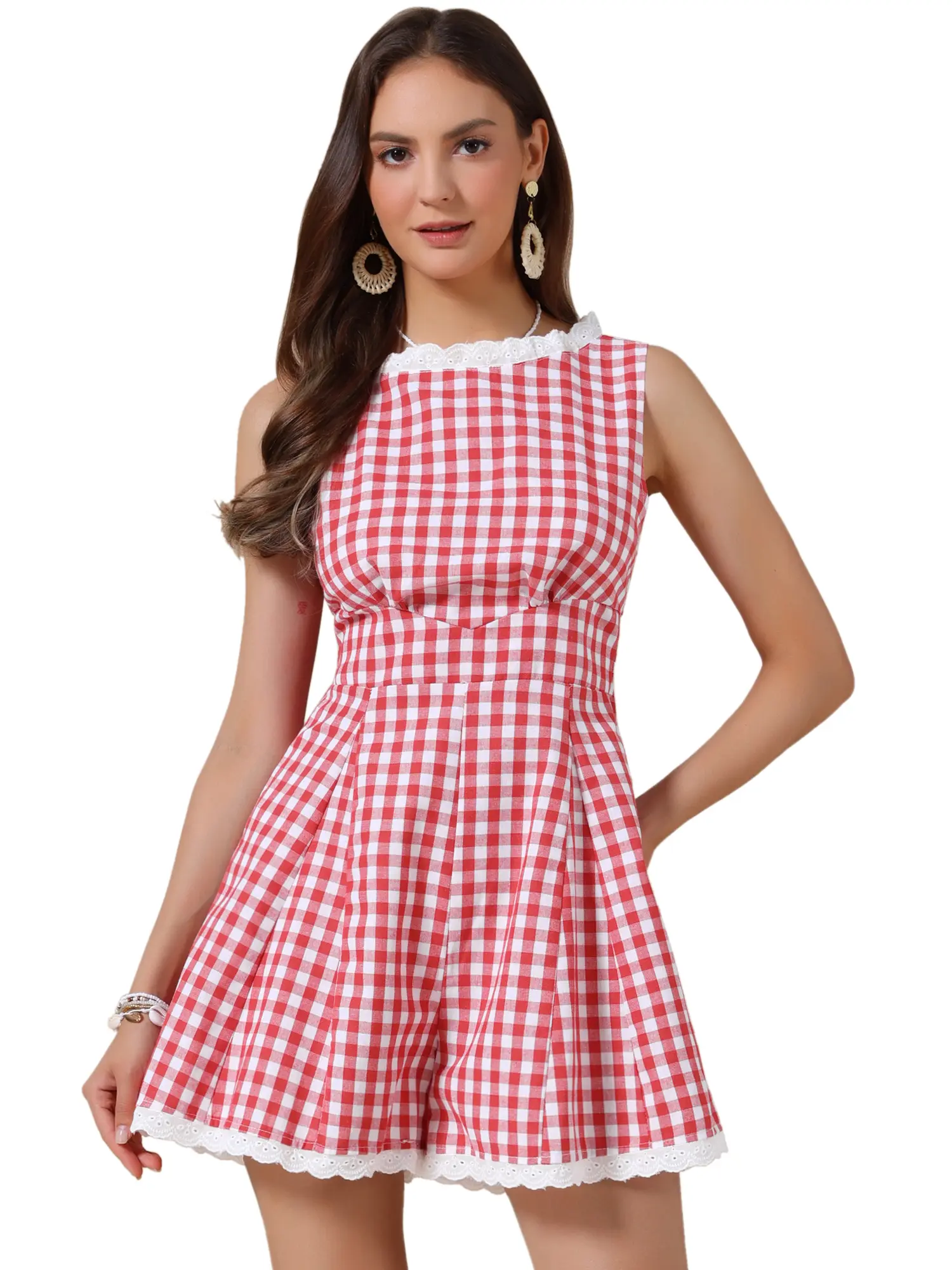 INSPIRE CHIC Sleeveless Gingham Romper Women's Checks Lace Trim Smocked Waist Short Jumpsuits