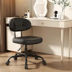 Vanity Chair with back, Small Armless Cute office Chair with wheels and Lumbar support, Comfy PU Leather Desk Computer Chairs with Adjustable Height, 360 ° Swivel for Home Bedroom Office, Black