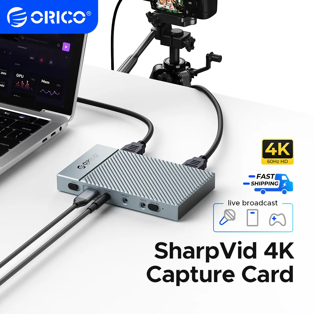 ORICO 4K Portable HDMI Capture Card for Streaming, Dual 4K@60Hz Inputs, USB C Game Capture Card with Audio Ports Compatible with PS5, Xbox, Switch, OBS Recording, Works on PC, Mac, Laptop, iPad-IS6