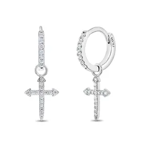 925 Sterling Silver Clear CZ Cross Hoop Dangle Earrings for Teens - Holy Cross Earrings for Women