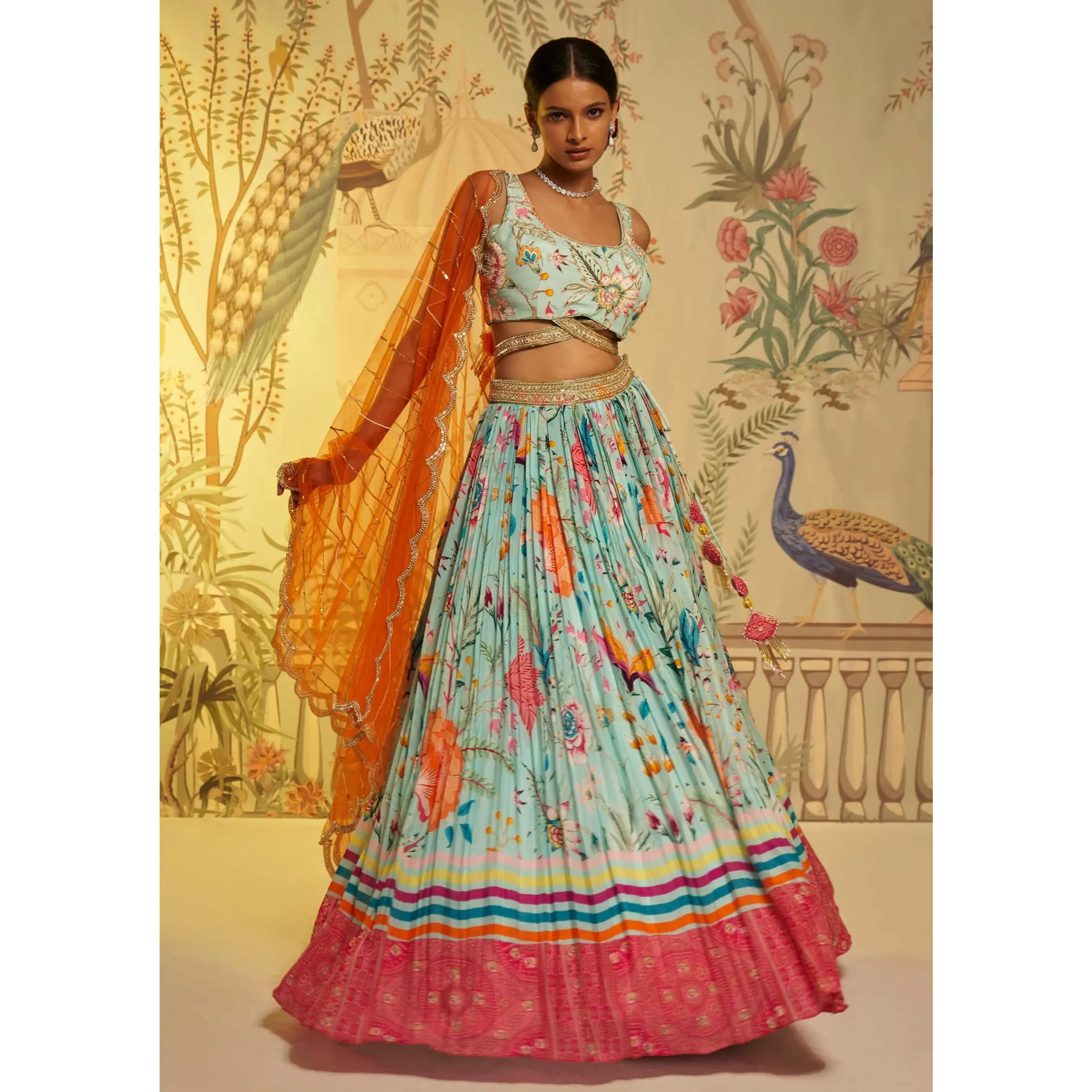 Aqua blue crepe silk lehenga set