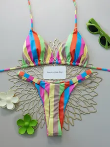 2026 New Women's Striped Print Sexy Bikini Set, Triangle Top Low-Waist Swimsuit, Summer Beach Swimwear, Slimming and Sexy Beachwear
