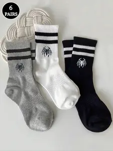 Women's Striped Spider Pattern Mid-Calf Socks, Comfortable Breathable Casual Street Style, All Seasons, Size 36-42