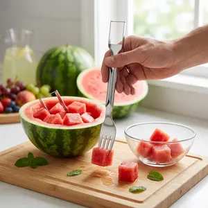 2-in-1 Stainless Steel Watermelon Cutter and Fork, Fast Slicer Tool for Cubed Fruit, No-Mess Kitchen Gadget