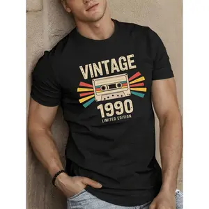Limited Edition Vintage MenS 1990 TShirt with Geometric Cassette Pattern Casual Crew Neck Short Sleeve Top Made of 100 Polyester Knit Fabric with Slight Stretch