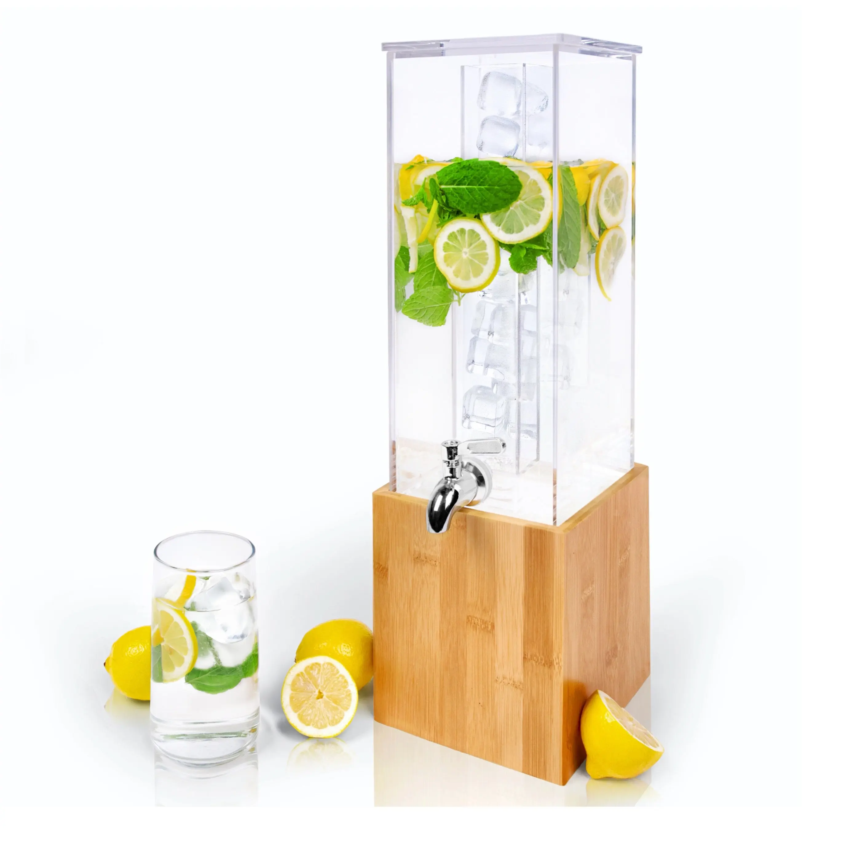 KSESTOR Acrylic Drink Dispenser with Sturdy Bamboo Stand - 1.25 Gal, BPA-Free, Ice Core, Steel Spigot for Parties, Weddings