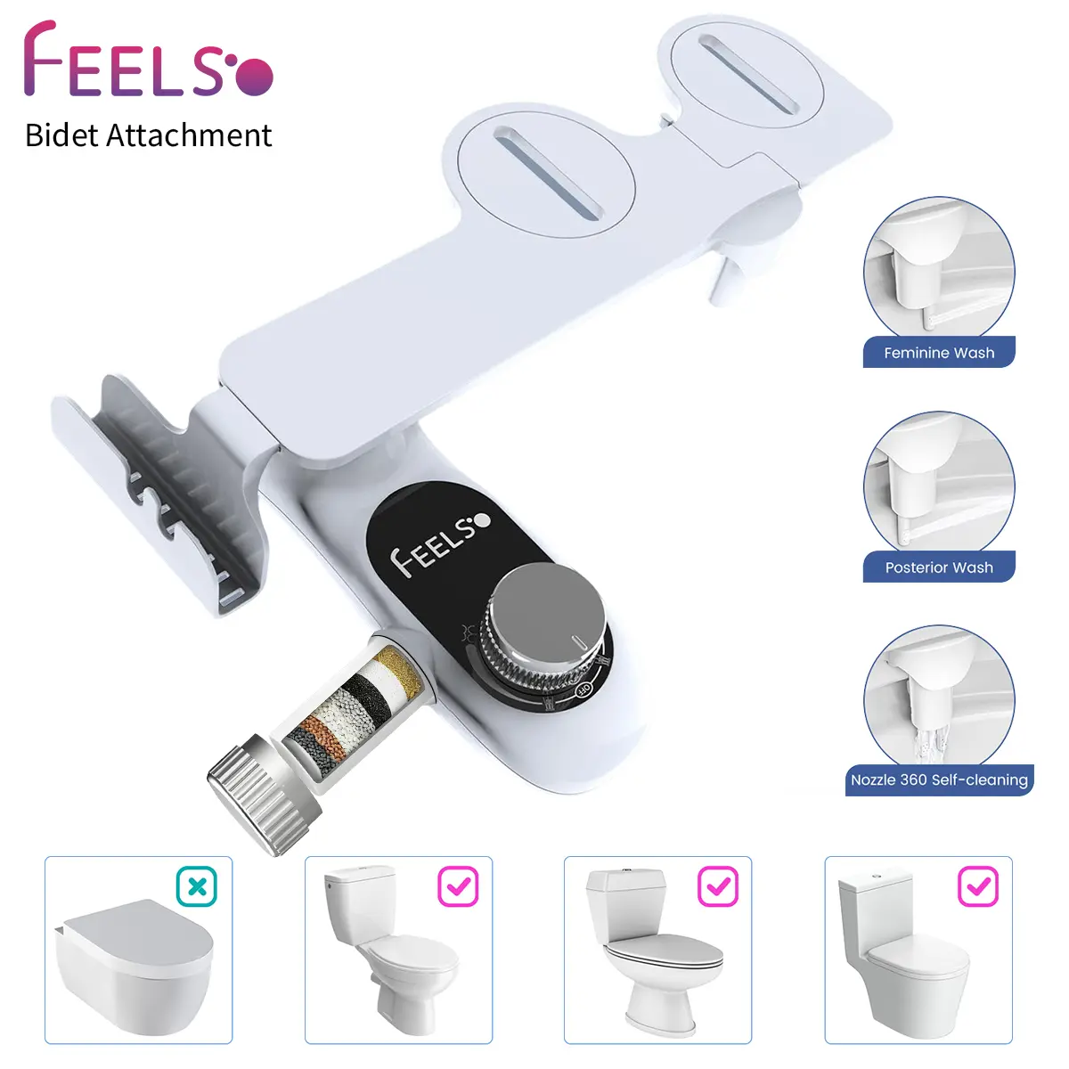 FEELSO Standard Non-Electric Ultra-Slim Toilet Bidet Attachment - Bathroom Bidet Sprayer with Dual Retractable Self-Cleaning Stainless Steel Nozzles, Feminine & Rear Cold Water Wash, 2 Chlorine-Removing Replacement Filters