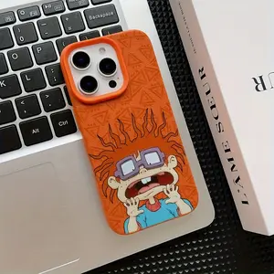 Cartoon Cute R-Rugrats Fun Phone Case for iPhone 16, 11, XR, XS Max, 12, 13, 14, 15 Plus Pro Max - Shockproof Soft Back Cover with Orange Explosion Boy Design ~ Leather Texture Material - Perfect Couple Gift (580WC)