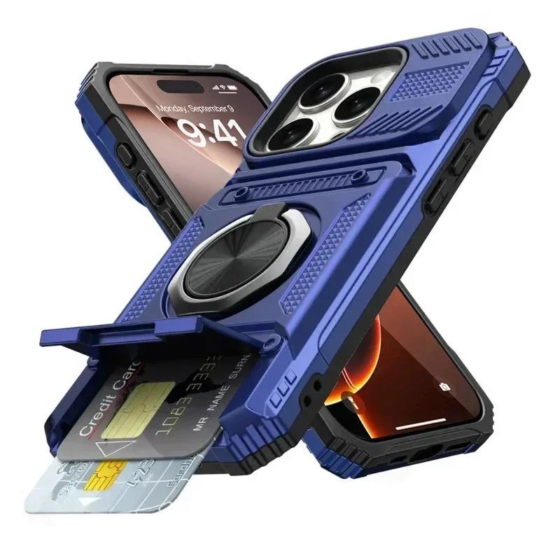 Heavy Duty Magnetic Rotated Ring Holder Phone Case For IPhone 17 Air 16 15 14 Plus 13 Pro Max Anti-Drop Wallet Protection Cover