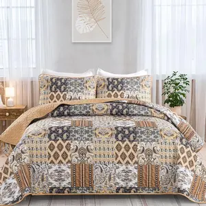 Boho Set King Size, Dark Brown Patchwork Bedspread Bedding Set Soft Microfiber for King Bed Reversible 3 Pieces Coverlet Set for All Season (104"x90")