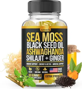 Sea Moss, Black Seed Oil, Ashwagandha, Ginger, Shilajit Gummies with Elderberry, Chlorophyll, Turmeric Bladderwrack Sea Moss Gummies Advanced Strength Formula - All in 1 Bundle - USA Made (60 Gummies) Supplement Vitamin