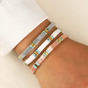 Stackable Flat Square Beaded Bracelets - Boho Colorful Stretch Jewelry for Women