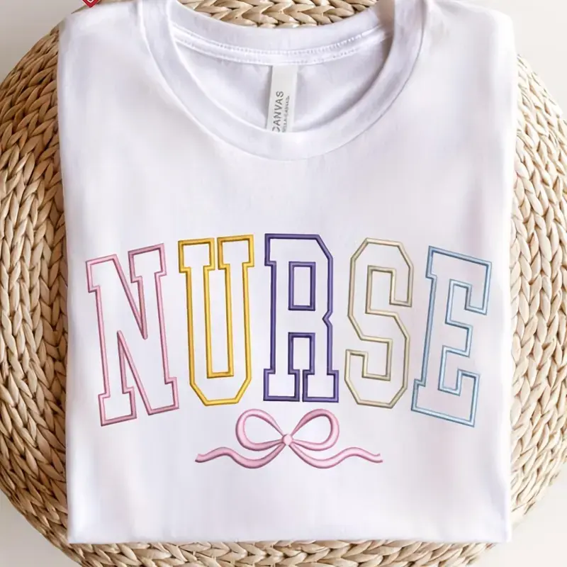 Nurse Bow Graphic T-Shirt, Pastel Nurse Letter Tee for Women Medical Worker Gift