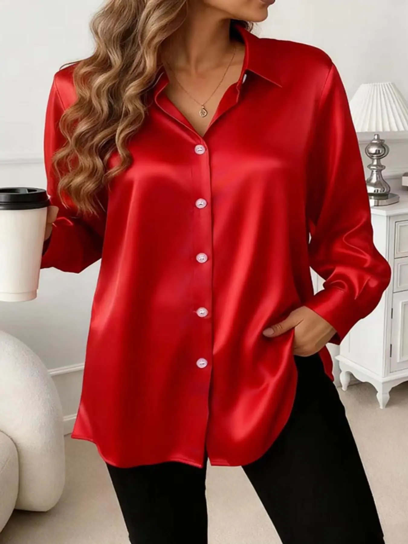 Fashion Plus Size Women's Leisurely Versatile Commuting Satin Fitted Long-Sleeved Shirt