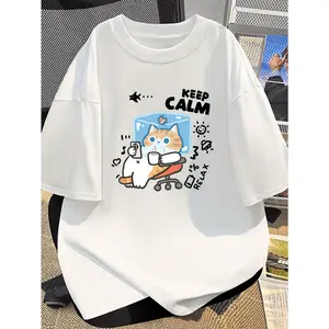 Men's Cartoon Cat Graphic Tee: 100% Cotton, Breathable & Soft Short Sleeve Shirt with Relaxed Fit & Minimalist American Style. Perfect for Summer OOTD, Casual Street Style, Gym-to-Street Looks, and Everyday Comfort.