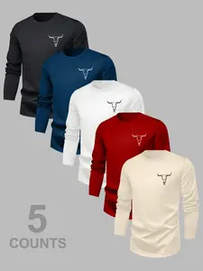 Men's Classic 5-Piece Set Bull Head Graphic Print Versatile Base Layer, Long Sleeve Crewneck T-Shirt Casual Top, Fitted Plain Style, Spring & Fall, Streetwear, Menswear