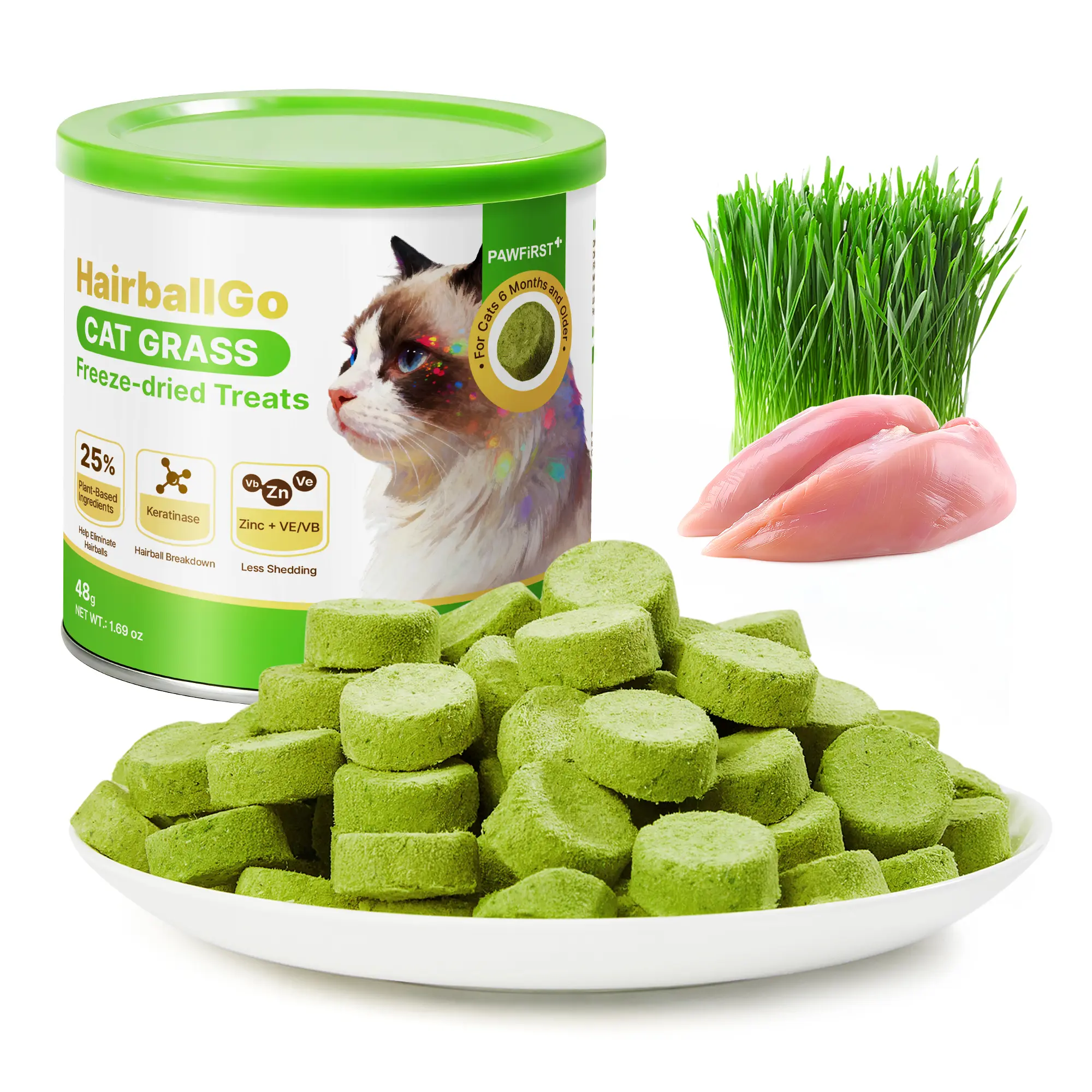 PawFirst Grain-Free Freeze-Dried Cat Grass Treats, Chicken Flavor with Natural Barley Grass, Plant Fiber, Bamboo Cellulose & European Spruce Cellulose, Hairball Control, Digestive Support, Flexible Feeding Crunchy Bites for Indoor Cats