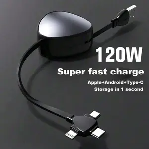 Three-In-One 120w 6a Retractable Charging Cable, Multi-Port Charger, Compatible with iPhone, iPad, Laptop, Fast Charge 6a 120w, Super Fast Charging