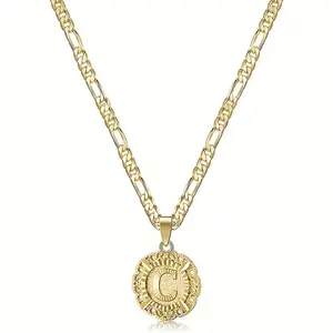 Initial Necklace For Women Girl, 14K Gold Plated Round Letter Pendant Necklace Capital Monogram Necklace Alhpabets from A-Z Figaro Chain Necklace