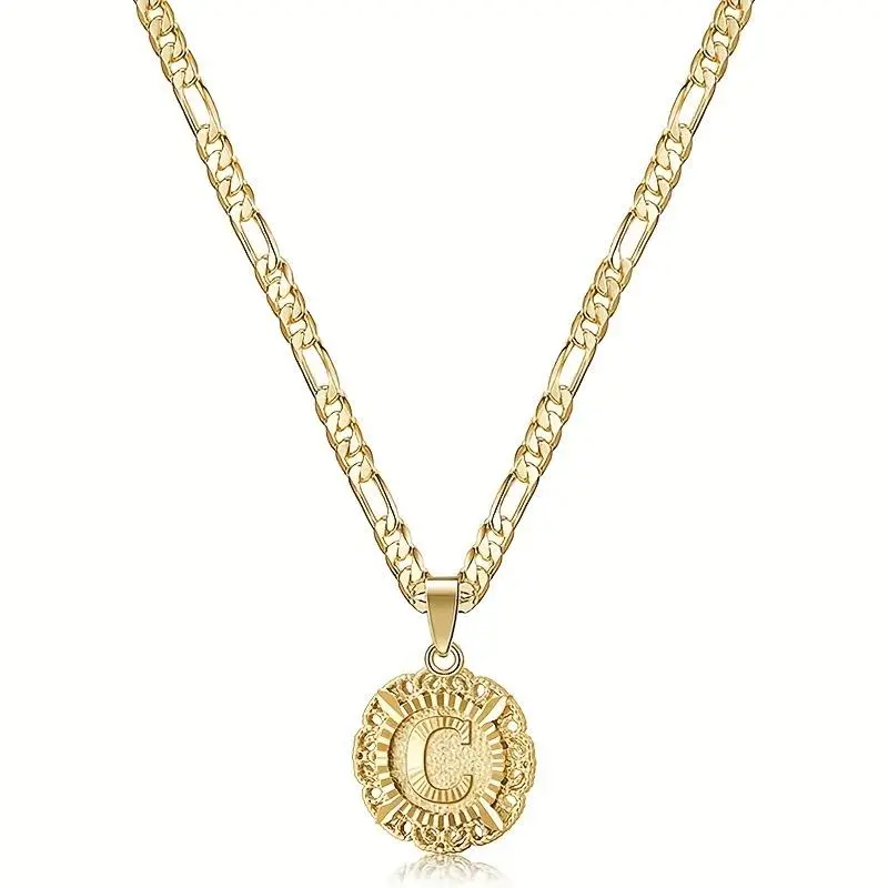 Initial Necklace For Women Girl, 14K Gold Plated Round Letter Pendant Necklace Capital Monogram Necklace Alhpabets from A-Z Figaro Chain Necklace