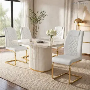 PU Leather High-Back Dining Chairs Set of 4 - 4 Seats, Clean Lines, Lumbar Support, Gold Legs, Bow Frame, Modern Minimalist Indoor Furniture for Dining & Kitchen Rooms (White), Four Seats,summervibes