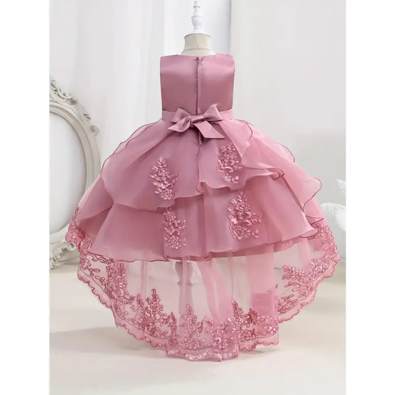 Flower girl dress, princess tulle dress, long evening gown girls' bridesmaids, weddings, communions, birthday parties, and pageants, embroidered style, short front and long back with a train, non-stretch style