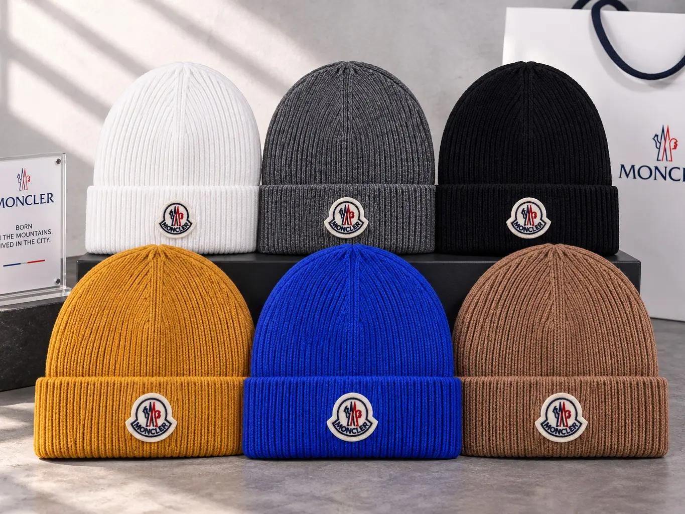 Moncler Unisex Ribbed Cuffed Wool Beanie - Luxury Designer Soft Stretch Warm Skull Cap, Black White Gray Blue Camel Mustard, Cold Weather Ski Streetwear Sports Collectible Headwear Gift