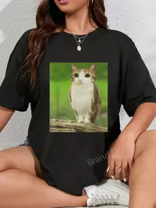 100% Cotton Cat Owl Funny Cursed Internet Trendy Meme T-Shirt Graphic Women