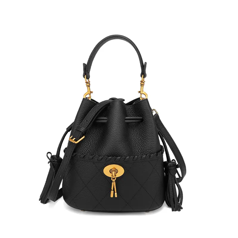 Women's Full-Grain Genuine Cowhide Bucket Bag - Top Handle, Tassel, Luxury Designer-Style Crossbody Shoulder Purse