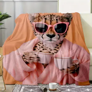 Cute Cheetah Wearing Pink Sunglasses and Bathrobe Holding Coffee Cups Beach Towel for Summer Vacation Poolside Use  Perfect Gift for Animal Lovers and Trendy Fashion Enthusiasts  Ideal Holiday Present for Christmas  Birthdays  and Special Occasions