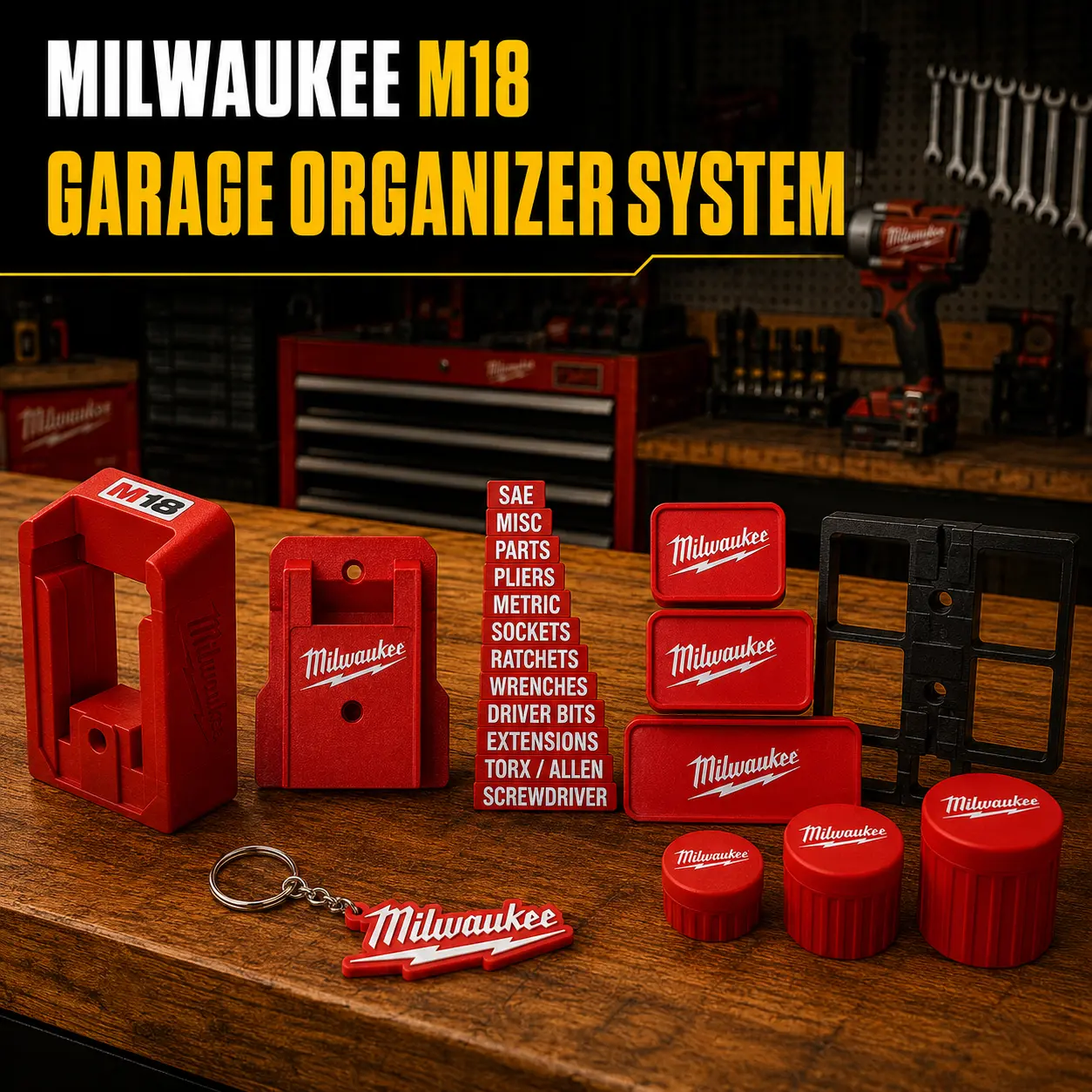 Milwaukee M18 V2 Garage Organizer System - USA Wall Storage Kit with 3D Printed Wall Mounts, Mechanics-Focused Modular Design, 12-Piece Label Set, Reduces Clutter, M18 Battery Holder Wall Mount