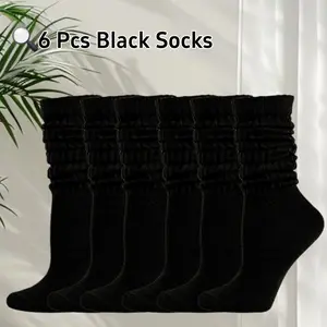 6 Pairs Casual Solid Color Stacked Socks for Women Men, Soft Comfortable Calf Socks Everyday Wear Versatile Casual Warm Socks (Black)